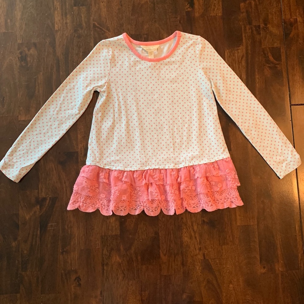 EUC Matilda Jane girls size 4 pink and white polka dot top with pink lace trim